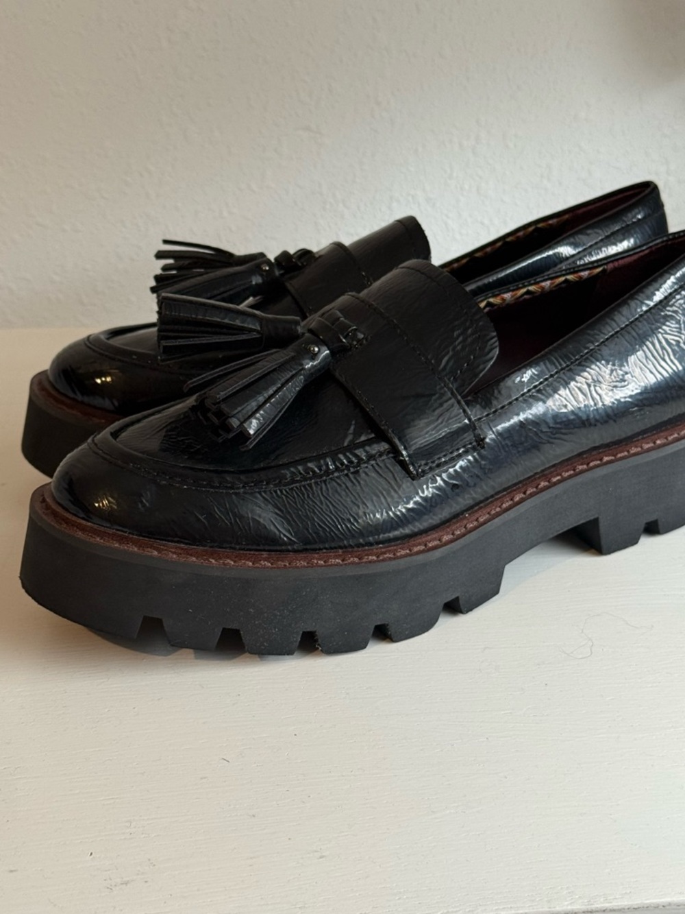 Franco Sarto Black Patent Tassel Lug Sole Loafers